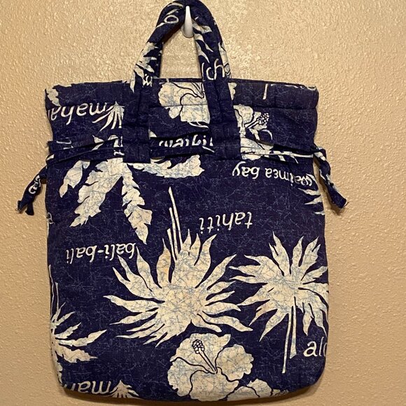 Vintage Travel Beach Tote Bag Drawstring Closure Blue/White Floral Large Size - Picture 2 of 7